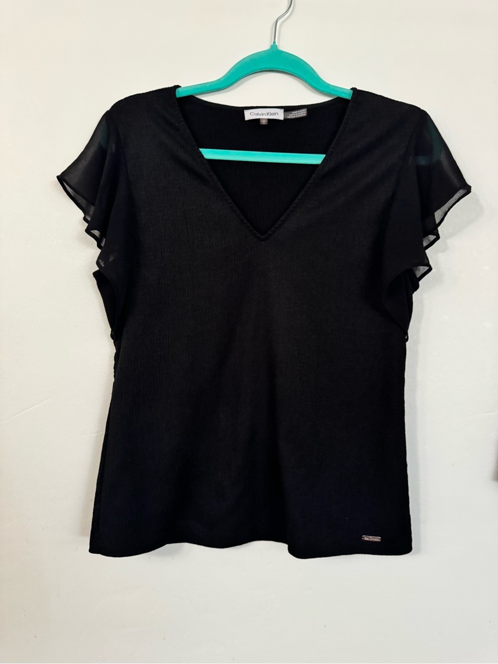Calvin Klein Black V-Neck Sheer Flutter Sleeve Blouse Top Size S